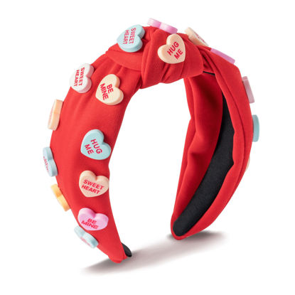 Picture of PANTIDE Valentine's Day Knotted Headband - Conversation Heart Love Candy Embellished Headband Non Slip Wide Top Knot Fashion Hairband Hair Accessories Birthday Gift for Lover Women Girls (Red)