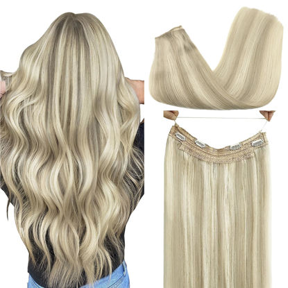 Picture of GOO GOO Wire Hair Extensions Human Hair, 17A/60A Ash Blonde mix Platinum Blonde Highlighted 22inch 115g, Invisible Wire Hair Extensions with Transparent, Seamless Fish Line Hairpiece