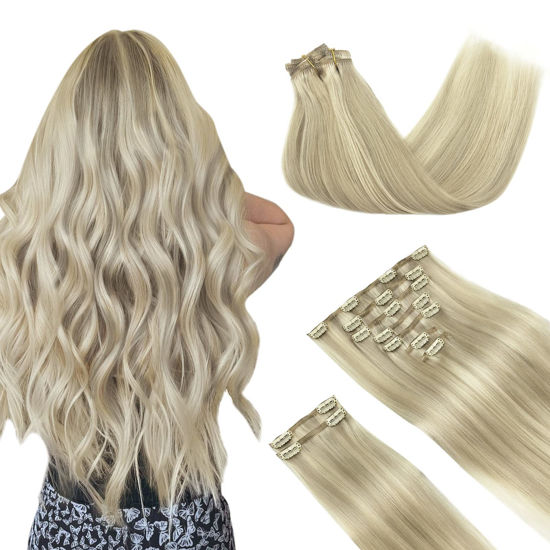 Picture of DOORES Clip in Hair Extensions Real Human Hair, Ash Blonde Highlighted Platinum Blonde 150g 9pcs 18 Inch, Hair Extensions Real Human Hair Clip ins Extensions Human Hair Natural Straight Thick