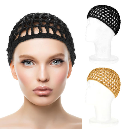 Picture of WLLHYF Hair Net Wrap For Sleep 2 PCS Mesh Nets Cap Snoods Cover Sleeping Knit Hairnets Elastic Head Wrap Bathing Shower Caps Wig Hairnet Crochet Sew Weave Press Weaving Braided Bonnet(Black/Khaki)