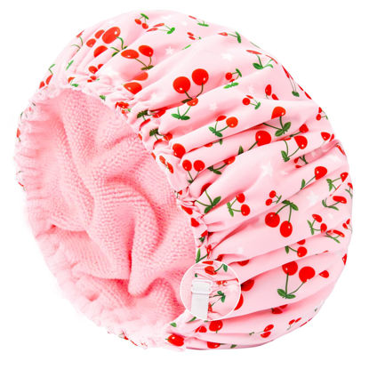 Picture of Shower Cap for Women Terry Lined Bath Cap Large Reusable Waterproof Elastic Band Pink Shower Caps for Long Thick Hair Soft Bath Shower Hair Caps