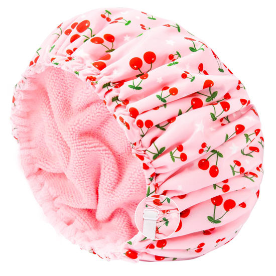 Picture of Shower Cap for Women Terry Lined Bath Cap Large Reusable Waterproof Elastic Band Pink Shower Caps for Long Thick Hair Soft Bath Shower Hair Caps