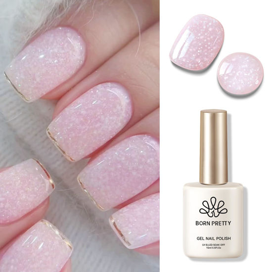Picture of Born Pretty Jelly Gel Nail Polish, Shimmer Glitter Snow Jelly Gel, Milky Pink Translucent Natural Gel Nail Polish, Manicure Salon DIY for Women Girls 15ML