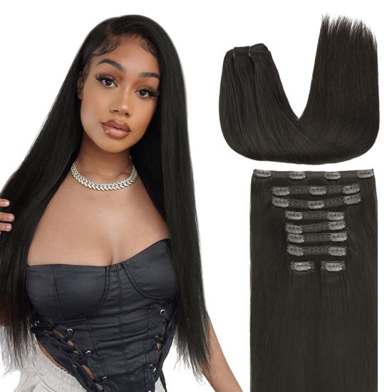 Picture of Lashey Hair Extensions Real Human Hair, 9pcs 150g Long Straight Clip in Hair Extensions Real Human Hair Extensions #1B Natural Black 22 Inch Remy Human Hair for Black Women
