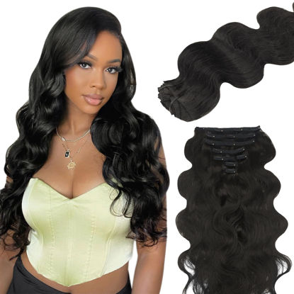 Picture of Lashey Clip in Hair Extensions Real Human Hair, Body Wave Hair Natural Black #1B 7pcs 120g 22 Inch Clip in Hair Extensions Remy Human Hair with Lace Weft Thick Human Hair for Black Women