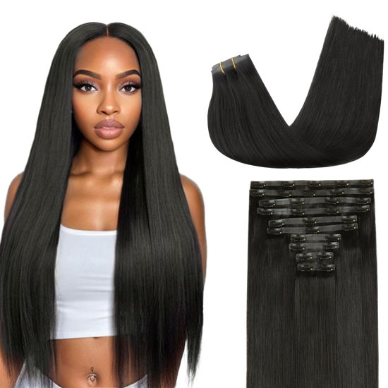 Picture of Lashey Seamless Clip in Hair Extensions Real Human Hair Invisi Edge 10pcs 190g Thick Straight Clip in Hair Extensions with PU Weft Natural Black 16 Inch Real Hair Extensions for Black Women