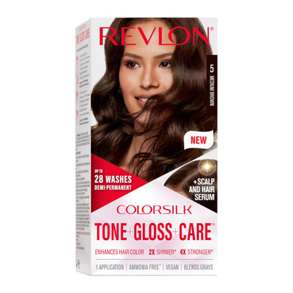 Picture of Revlon ColorSilk Tone + Gloss + Care Demi Permanent Hair Color, Hair Dye with Leave in Scalp and Hair Serum, 2x Shinier, 4x Stronger, 5 Medium Brown, 4.5 fl. oz
