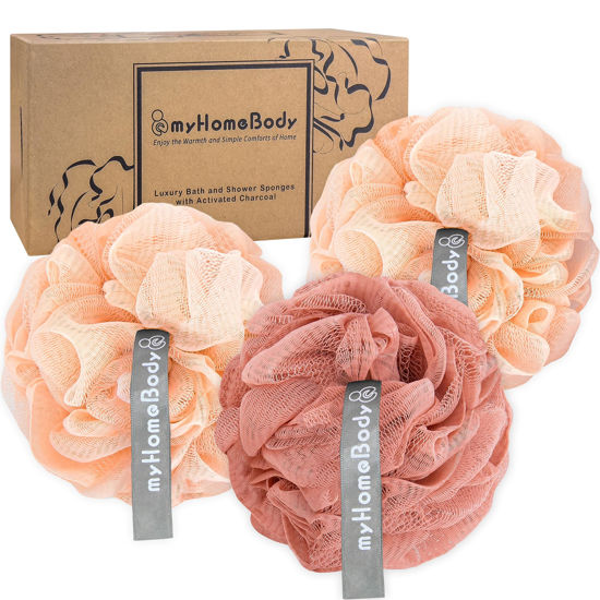 Picture of myHomeBody 60g Loofah Sponge, Body Scrubber, Bath Sponge, Loofah for Women, Men, Exfoliating Sponge Shower Pouf with Activated Charcoal - 2 Peach + 1 Coral Red, 3 Pack