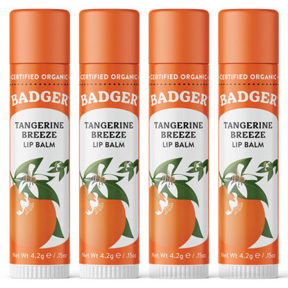 Picture of Badger - Classic Lip Balm, Tangerine Breeze, Made with Organic Olive Oil, Beeswax & Rosemary, Certified Organic, Moisturizing Lip Balm, 0.15 oz (4 Pack)