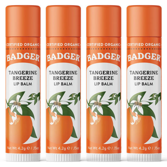 Picture of Badger - Classic Lip Balm, Tangerine Breeze, Made with Organic Olive Oil, Beeswax & Rosemary, Certified Organic, Moisturizing Lip Balm, 0.15 oz (4 Pack)