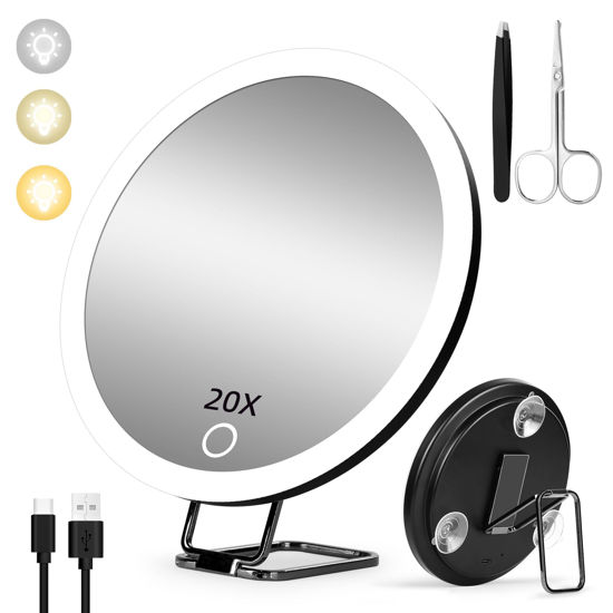 Picture of Suupvaor 20X Magnifying Mirror with Light, Large 6'' Rechargeable 3 Colors Dimming Lighted Magnified Mirror with 3 Suction Cups and 360° Table Stand, Vanity Makeup Mirror with Tweezers & Scissors