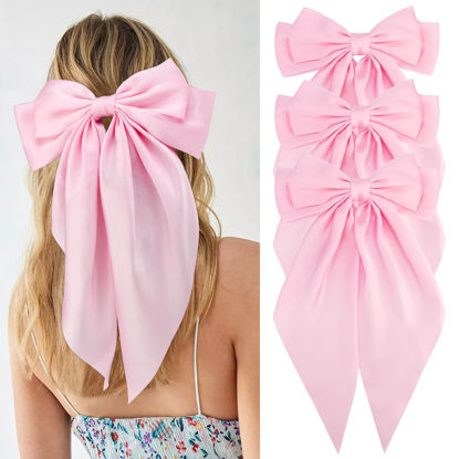Picture of Velscrun 3Pcs Hair Bows for Women Pink Hair Bow Big Hair Bows Clips for Girls Silky Satin Large Hair Ribbons Oversized Long Tail Hair Bows Hair Barrettes Hair Accessories Christmas Gifts