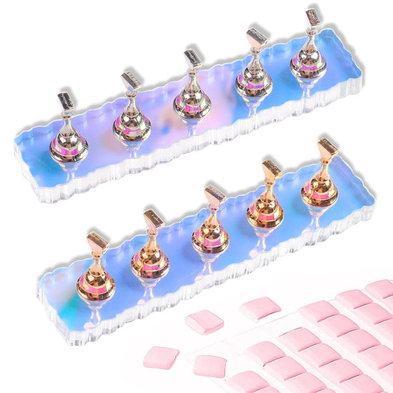 Picture of ANGNYA 2 Set Nail Stand, Aurora Nail Holder for Painting Nail Stand for Press on with 96 Pcs Reusable Sticky Putty Nail Display Stand Nail Hand Practice Magnetic Nail Art Tools for Homes and Salons