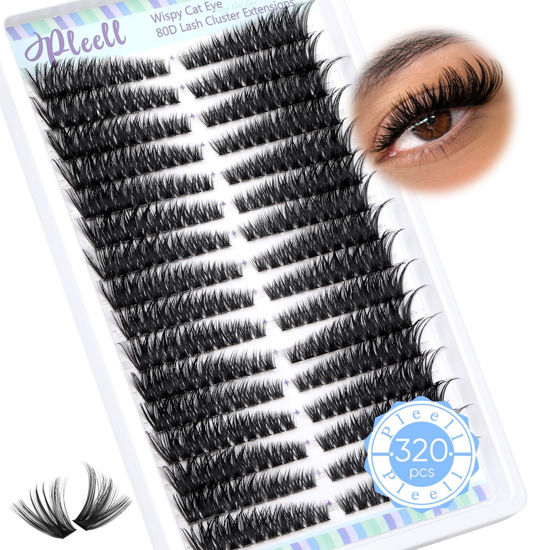 Picture of Pleell Lash Clusters 320 Pcs Individual Lashes Clusters 7-16 MM Cat Eye Wispy Eyelash Clusters D Curl 80D Cluster Eyelash Extensions Easy Diy Lash Extension Cluster at Home