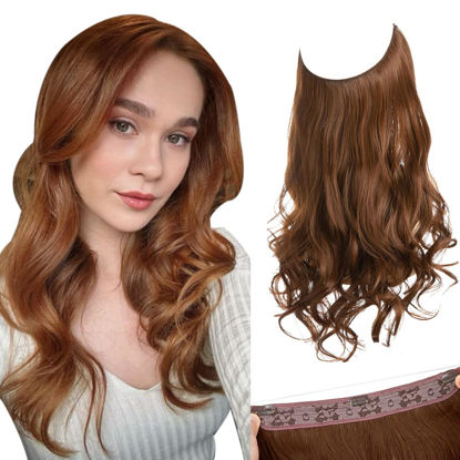 Picture of SARLA Invisible Wire Hair Extensions with 3 Clips Short Synthetic Wavy Curly Hairpiece Adjustable Transparent Headband for Women 14 Inch Light Auburn