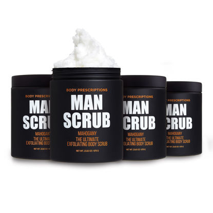 Picture of Body Prescriptions Men’s Exfoliating Body Scrub - Ultimate Skin Cleansing Wash in Jar with Twist-Top Lid, For All Skin Types, 21 Ounce (Pack of 4), Mahogany