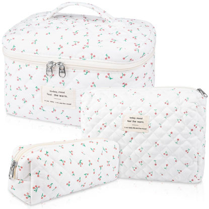 Picture of Large Makeup Bag Set, Quilted Makeup Bag, Floral Cosmetic Bag for Women, Cute Cotton Makeup Bags, Flower Travel Toiletry Organizer Bag (white)