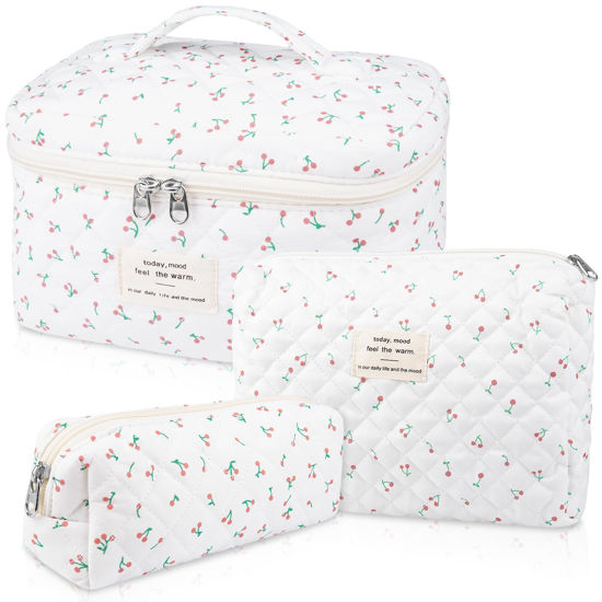 Picture of Large Makeup Bag Set, Quilted Makeup Bag, Floral Cosmetic Bag for Women, Cute Cotton Makeup Bags, Flower Travel Toiletry Organizer Bag (white)