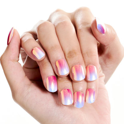Picture of GLAMERMAID Press on Nails Extra Short Squoval, Valentine's Day Handmade Blue Pink Chrome Gel Glue on Nails, 24Pcs Glossy Round Reusable UV Finish Fake Nails Acrylic False Nails Manicure Kits for Women