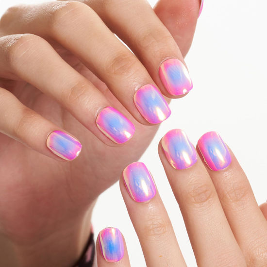 Picture of GLAMERMAID Press on Nails Extra Short Squoval, Valentine's Day Handmade Pink Blue Chrome Gel Glue on Nails, 24Pcs Glossy Round Reusable UV Finish Fake Nails Acrylic False Nails Manicure Kits for Women