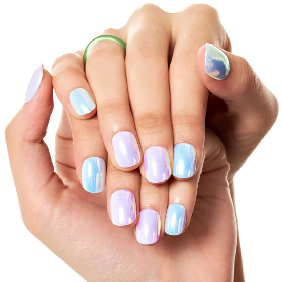Picture of GLAMERMAID Press on Nail Extra Short Squoval, Valentine's Day Handmade Chrome Pink and Blue Gel Glue on Nail, 24Pcs Glossy Round Reusable UV Finish Fake Nails Acrylic False Nail Manicure Kit for Women