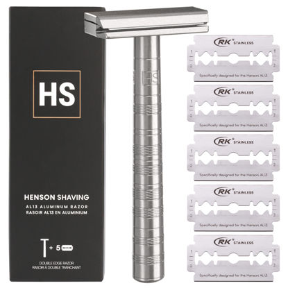 Picture of Henson Shaving Razor - Aluminum Double Edge Safety Razor with 5 Spare Blades - 30° Angled Precision With Superior Blade Rigidity- Reusable Single Blade Razors For Men and Women