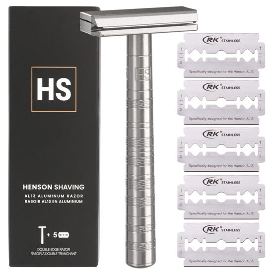 Picture of Henson Shaving Razor - Aluminum Double Edge Safety Razor with 5 Spare Blades - 30° Angled Precision With Superior Blade Rigidity- Reusable Single Blade Razors For Men and Women