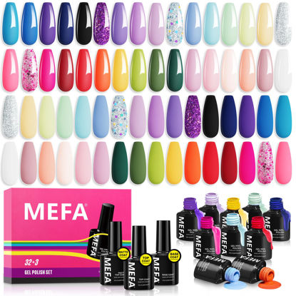 Picture of MEFA 35 Pcs Neon Gel Nail Polish Set, 32 Colors Summer Bright Gel Polish Set with Matte/Glossy Base Top Coat Pink Collection Nail Art Manicure DIY Salon Home Decoration Beginners Gifts for Women