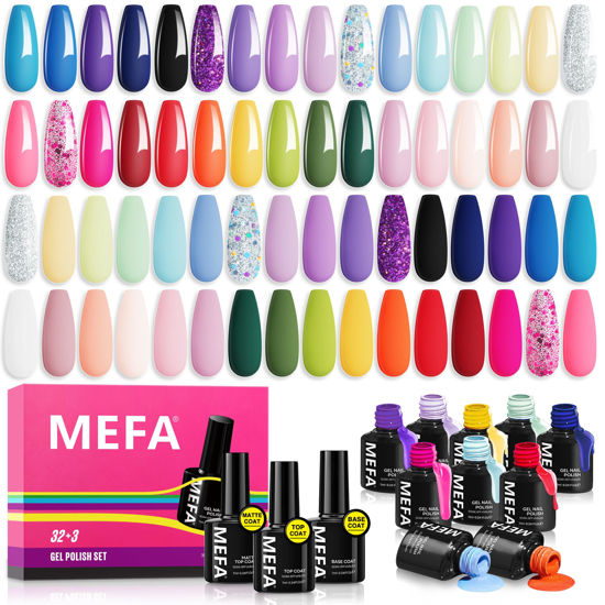 Picture of MEFA 35 Pcs Neon Gel Nail Polish Set, 32 Colors Summer Bright Gel Polish Set with Matte/Glossy Base Top Coat Pink Collection Nail Art Manicure DIY Salon Home Decoration Beginners Gifts for Women