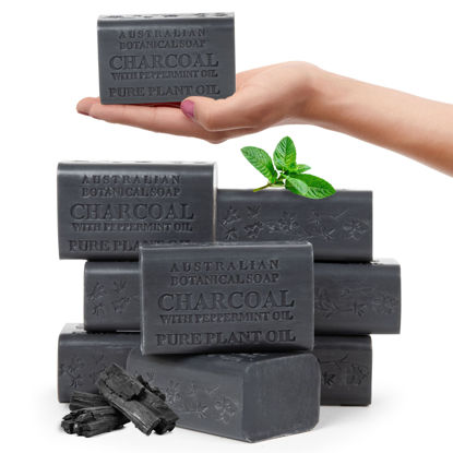 Picture of Australian Botanical African Black Soap with Activated Charcoal and Peppermint Oil 6.6 oz, Pack of 8 Activated Charcoal Soap with Raw Organic Shea Butter, for All Skin Types