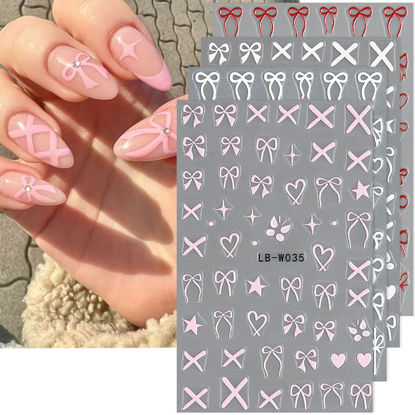 Picture of Heart Bows Nail Art Stickers Heart Bows Nail Decals Black White Red Pink Bow Tie Nail Design Stickers for Nail Art Supplies Valentine's Day Nail Stickers for Women Girls DIY Acrylic Nails Decoration