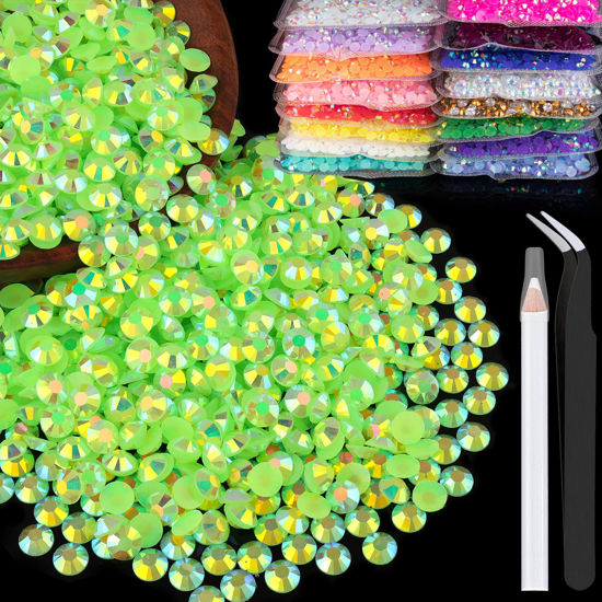 Picture of BELLEBOOST 2500pcs 5mm Resin Rhinestones Bulk, Fluorescent Green AB Flatback Round Jelly Rhinestones Non Hotfix Crystal Gems Large Quantity Wholesale for DIY Crafts Clothes Face Makeup Manicure