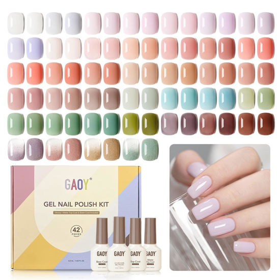 Picture of GAOY 42 Pcs Gel Nail Polish Kit, Jelly White Pink Purple Green Glitter Shimmering Colors All Seasons Gel Nail Polish Set with Glossy & Matte Top Coat and Base Coat for Nail Art DIY at Home