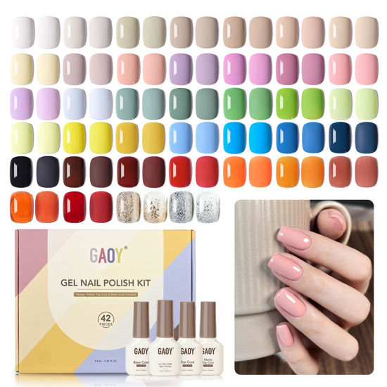 Picture of GAOY 42 Pcs Gel Nail Polish Kit, Red Green Blue Jelly Nude Glitter Colors All Seasons Gel Nail Polish Set with Glossy & Matte Top Coat and Base Coat for Nail Art DIY at Home