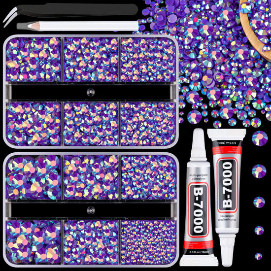 Picture of Resin Jelly Rhinestones for Crafting with B7000 Jewelry Glue, 2 Boxes Dark Purple AB Flatback Crystals with 2Pcs 10ml Glue, Bedazzling Non Hotfix Gems for DIY Tumblers Clothing Shoes Manicure