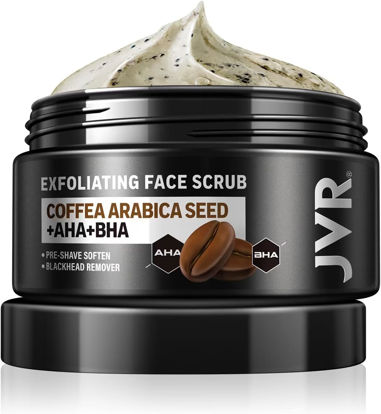 Picture of JVR Face Scrub for Men, Facial Scrub for Deep Exfoliating, Cleansing, Removing Blackheads, Ingrown Hair, Pre-shave Soften, Organic Formulated with Coffee Extract, AHA and BHA Face Exfoliator (4.23 oz)