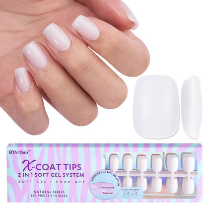 Picture of BTArtboxnails XS Short Square Gel Nail Tips - Pre Colored Milky White Soft Gel Nail Tips, Milky White Press on Nails, Natural XCOATTIPS Pre Applied Tip Primer