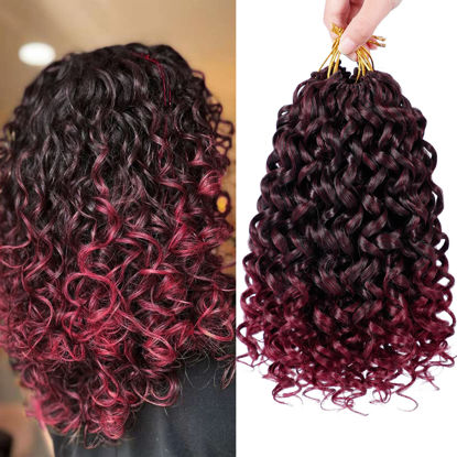 Picture of 7 Packs GoGo Curl Crochet Hair 10 Inch Red Burgundy Short Curly Crochet Hair for Women Beach Curl Water Wave Deep Twist Crochet Braids Synthetic Braiding Hair Extensions(10 Inch, T1B/BUG)