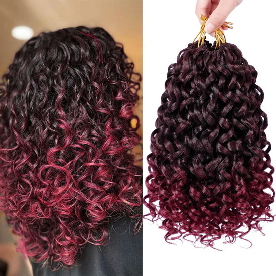 Picture of 7 Packs GoGo Curl Crochet Hair 10 Inch Red Burgundy Short Curly Crochet Hair for Women Beach Curl Water Wave Deep Twist Crochet Braids Synthetic Braiding Hair Extensions(10 Inch, T1B/BUG)