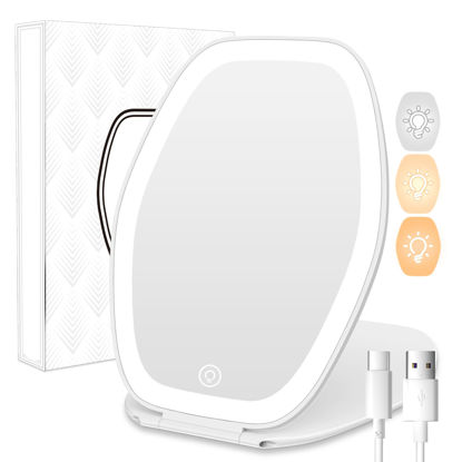 Picture of COSYGLOW Travel Makeup Mirror with Light: 3 Color Lighting Portable Mirror with Touch Screen Rechargeable Adjustable LED Lights Vanity Hexagon Mirror for Travel, Desk, Home (White, 1 Mirror)