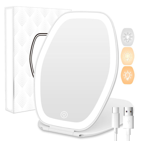 Picture of COSYGLOW Travel Makeup Mirror with Light: 3 Color Lighting Portable Mirror with Touch Screen Rechargeable Adjustable LED Lights Vanity Hexagon Mirror for Travel, Desk, Home (White, 1 Mirror)