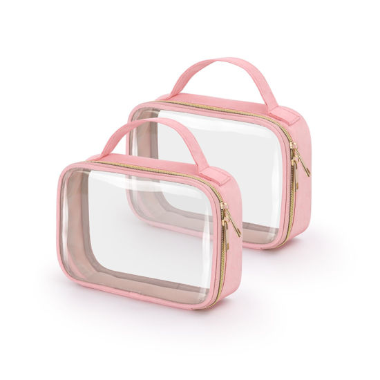 Picture of Wedama TSA Approved Toiletry Bag, 2 Pack Clear Makeup Bags with Handles, Quart Size Clear Toiletry Bags, PVC Clear Cosmetic Bags for Women and Men, Carry on Airport Airline Compliant Bag, Pink