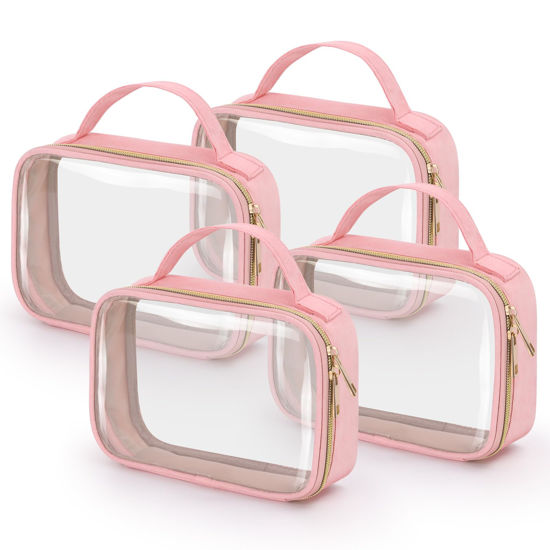 Picture of Wedama TSA Approved Toiletry Bag, 4 Pack Clear Makeup Bags with Handles, Quart Size Clear Toiletry Bags, PVC Clear Cosmetic Bags for Women and Men, Carry on Airport Airline Compliant Bag, Pink