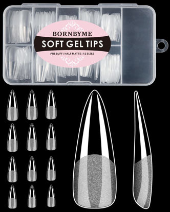 Picture of Soft Gel Nail Tips Long Stiletto, 120PCS Pre Buff Full Cover Nail Extenison Tips Half Matte Gel X Nail Tips BORNBYME