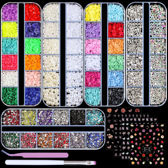 Picture of editTime 5 Boxes Shiny Colorful Nail Art Rhinestones Nail Stone Gems Design Kit and 4 sheets flower nail art stickers with a Curved Tweezers and a Nail Brush (6-rhinestones kit-3)
