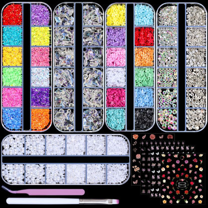 Picture of editTime 5 Boxes Shiny Colorful Nail Art Rhinestones Nail Stone Gems Design Kit and 4 Sheets Flower Nail Art Stickers with a Curved Tweezers and a Nail Brush (7-Rhinestones kit-4)