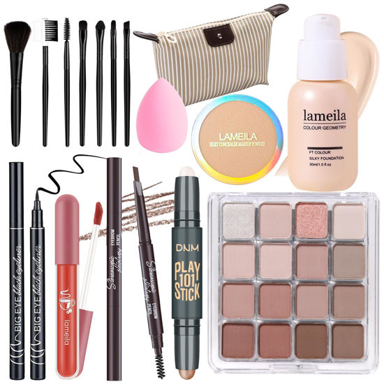 Picture of YBUETE Makeup Set Full Kit for Girls Teens Women, Makeup Present Set, Includes Eyeshadow, Foundation, Blusher, Eyebrow Pencil, Mascara, Eyeliner, Brushes, Lip Gloss, Sponge, Cosmetic Bag