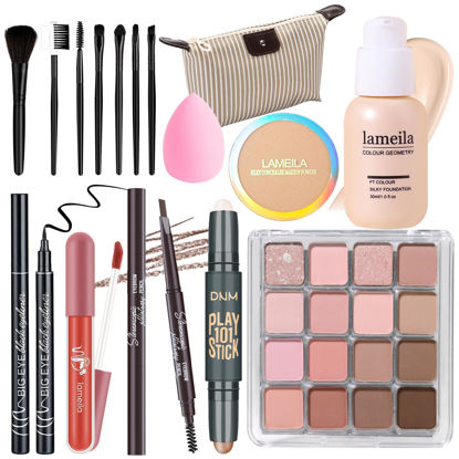 Picture of YBUETE Makeup Set Full Kit for Girls Teens Women, Makeup Present Set, Includes Eyeshadow, Foundation, Blusher, Eyebrow Pencil, Mascara, Eyeliner, Brushes, Lip Gloss, Sponge, Cosmetic Bag