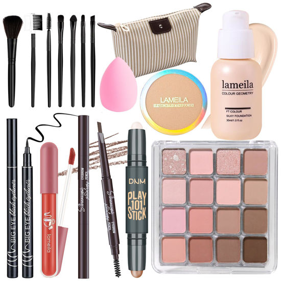 Picture of YBUETE Makeup Set Full Kit for Girls Teens Women, Makeup Present Set, Includes Eyeshadow, Foundation, Blusher, Eyebrow Pencil, Mascara, Eyeliner, Brushes, Lip Gloss, Sponge, Cosmetic Bag