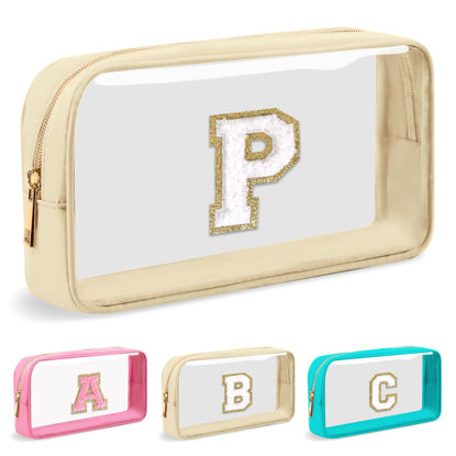 Picture of UIXIZQ Personalized Initial Letter Clear Makeup Bag,Preppy Small Nylon&PVC Cosmetic Zipper Bag with Chenille Letter,Travel Skincare Toiletry Bag,Monogram Christmas Gift for Teen Girls Women,P